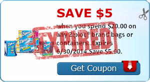 Save $5.00 when you spend $20.00 on any Ziploc® brand bags or containers..Expires 6/30/2014.Save $5.00.
