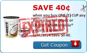 Save 40¢ when you buy ONE (1) CUP any flavor Liberté® Greek or Liberté® Méditerranée® yogurt..Expires 5/31/2014.Save $0.40.