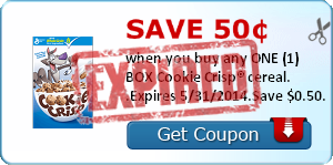 Save 50¢ when you buy any ONE (1) BOX Cookie Crisp® cereal. .Expires 5/31/2014.Save $0.50.