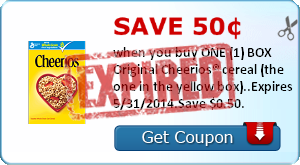 Save 50¢ when you buy ONE (1) BOX Original Cheerios® cereal (the one in the yellow box)..Expires 5/31/2014.Save $0.50.