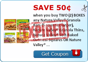 Save 50¢ when you buy TWO (2) BOXES any Nature Valley® Granola Bars (5 count or larger), Nature Valley® Granola Thins, Nature Valley® Soft-Baked Oatmeal Squares OR Nature Valley® Breakfast Biscuits..Expires 5/31/2014.Save $0.50.