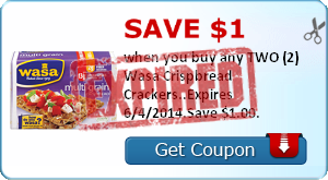 Save $1.00 when you buy any TWO (2) Wasa Crispbread Crackers..Expires 6/4/2014.Save $1.00.