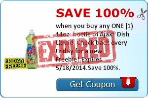 Save 100% when you buy any ONE (1) 14oz. bottle of Ajax® Dish Liquid. Check back every Friday for a new Freebie!.Expires 5/18/2014.Save 100%.
