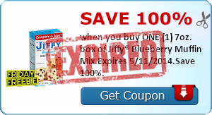 Save 100% when you buy ONE (1) 7oz. box of Jiffy® Blueberry Muffin Mix.Expires 5/11/2014.Save 100%.