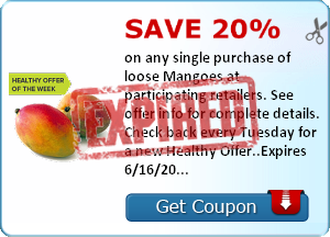 Save 20% on any single purchase of loose Mangoes at participating retailers. See offer info for complete details. Check back every Tuesday for a new Healthy Offer..Expires 6/16/2014.Save 20%.