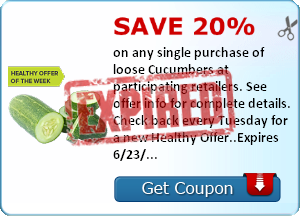 Save 20% on any single purchase of loose Cucumbers at participating retailers. See offer info for complete details. Check back every Tuesday for a new Healthy Offer..Expires 6/23/2014.Save 20%.