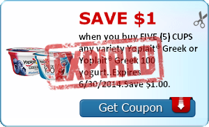 Save $1.00 when you buy FIVE (5) CUPS any variety Yoplait® Greek or Yoplait® Greek 100 yogurt..Expires 6/30/2014.Save $1.00.