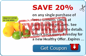 Save 20% on any single purchase of loose Lemons & Limes at participating retailers. See offer info for complete details. Check back every Tuesday for a new Healthy Offer..Expires 7/21/2014.Save 20%.
