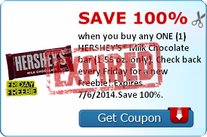 Save 100% when you buy any ONE (1) HERSHEY'S® Milk Chocolate bar (1.55 oz. only). Check back every Friday for a new Freebie!.Expires 7/6/2014.Save 100%.
