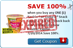 Save 100% when you buy any ONE (1) Keebler® or Cheez-It® Snack Cup (2.2 - 3.0 oz.). Check back every Friday for a new Freebie!.Expires 7/20/2014.Save 100%.