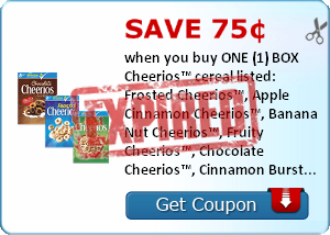 Save 75¢ when you buy ONE (1) BOX Cheerios™ cereal listed: Frosted Cheerios™, Apple Cinnamon Cheerios™, Banana Nut Cheerios™, Fruity Cheerios™, Chocolate Cheerios™, Cinnamon Burst Cheerios™, Dulce de Leche Cheerios™..Expires 7/31/2014.Save $0.75.