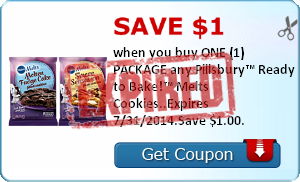 Save $1.00 when you buy ONE (1) PACKAGE any Pillsbury™ Ready to Bake!™ Melts Cookies..Expires 7/31/2014.Save $1.00.