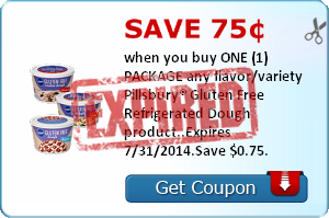 Save 75¢ when you buy ONE (1) PACKAGE any flavor/variety Pillsbury® Gluten Free Refrigerated Dough product..Expires 7/31/2014.Save $0.75.