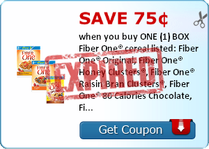 Save 75¢ when you buy ONE (1) BOX Fiber One® cereal listed: Fiber One® Original, Fiber One® Honey Clusters®, Fiber One® Raisin Bran Clusters®, Fiber One® 80 Calories Chocolate, Fiber One® 80 Calories, Fiber One® Nutty Clusters & Almonds, Fiber One® Protei