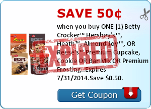 Save 50¢ when you buy ONE (1) Betty Crocker™ Hershey's™, Heath™, Almond Joy™, OR Reese's™ Premium Cupcake, Cookie OR Bar Mix OR Premium Frosting..Expires 7/31/2014.Save $0.50.