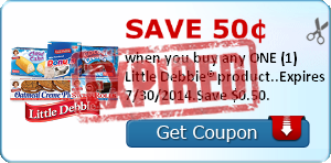 Save 50¢ when you buy any ONE (1) Little Debbie® product..Expires 7/30/2014.Save $0.50.