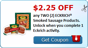 $2.25 off any TWO (2) ECKRICH® Smoked Sausage Products. Unlock when you complete 1 Eckrich activity.
