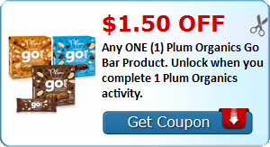 $1.50 off Any ONE (1) Plum Organics Go Bar Product. Unlock when you complete 1 Plum Organics activity.